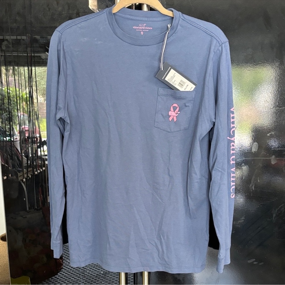 Vineyard Vines Dusty Blue Long-Sleeve Pocket Tee with Pink Ribbon - Picture 1 of 4